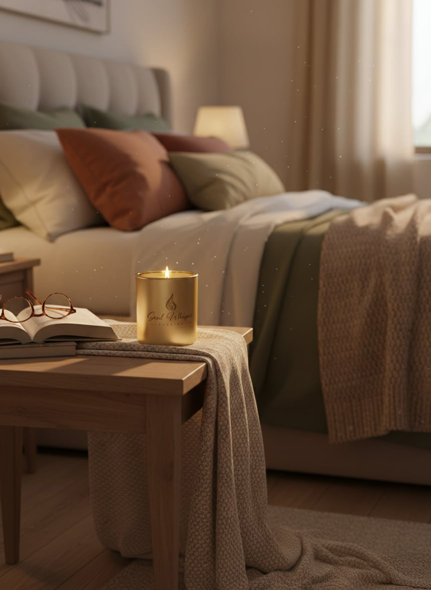 Soul Whisper gold candle on a bedside table in a cosy bedroom with warm sparkle lighting
