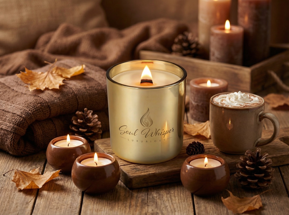 Collection of Soul Whisper candles surrounded by warm autumn decor