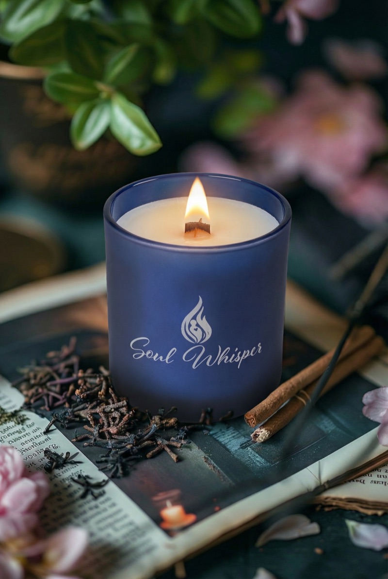 Soul Whisper blue candle with cinnamon sticks, cloves, and flowers in a dark artisan setting