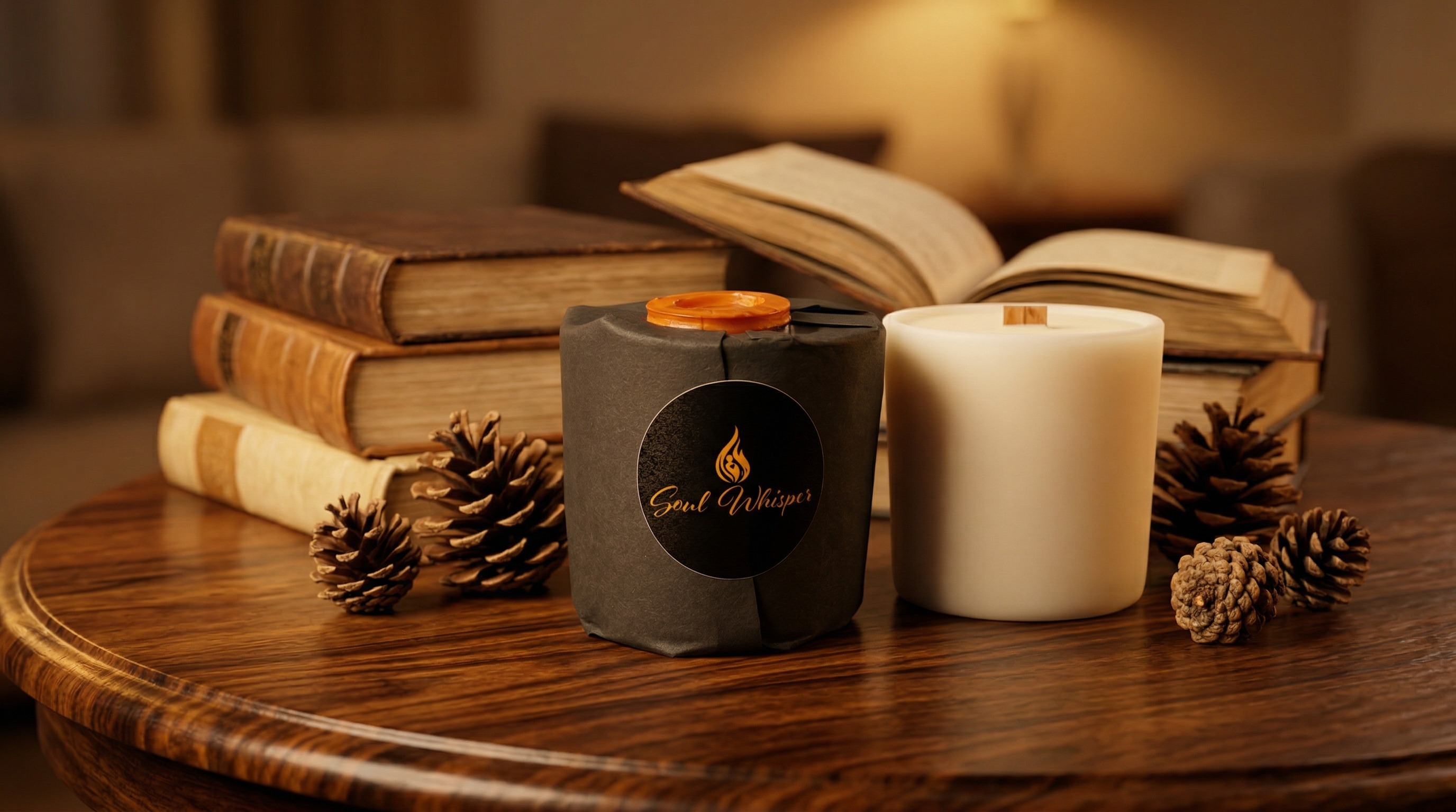 Soul Whisper refill insert and wax candle on a wooden table with books