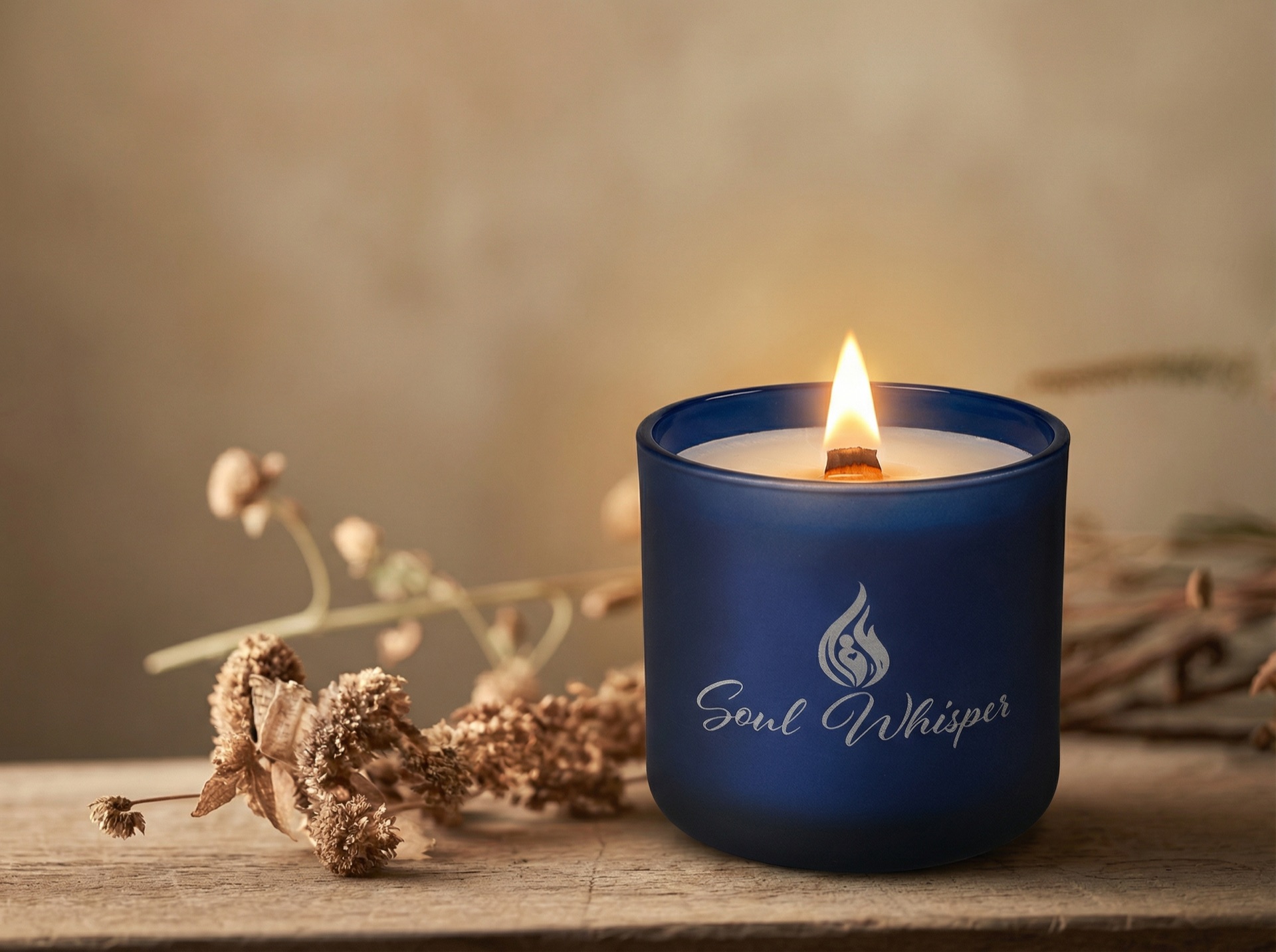 Soul Whisper blue candle with dried flowers on a wooden surface
