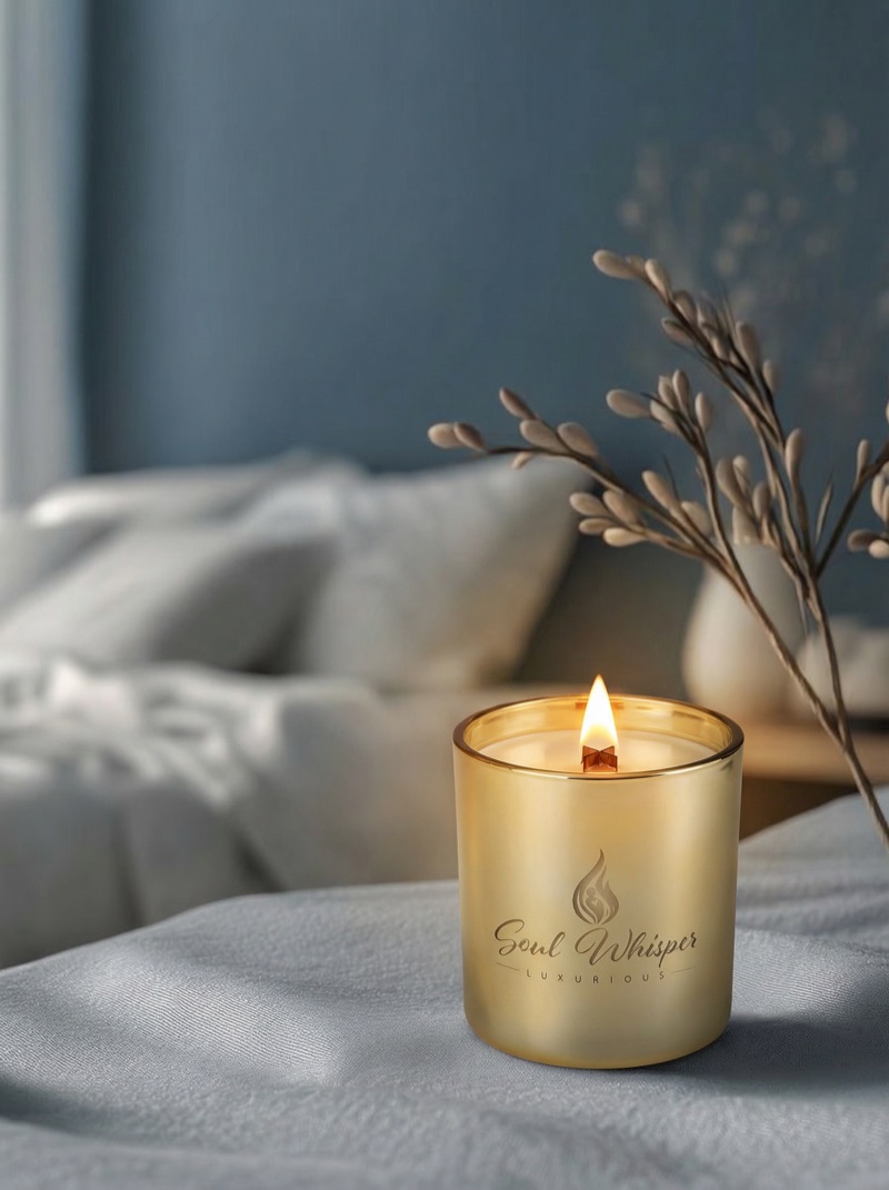 Soul Whisper blue candle in cool blue tones with pussy willow branches