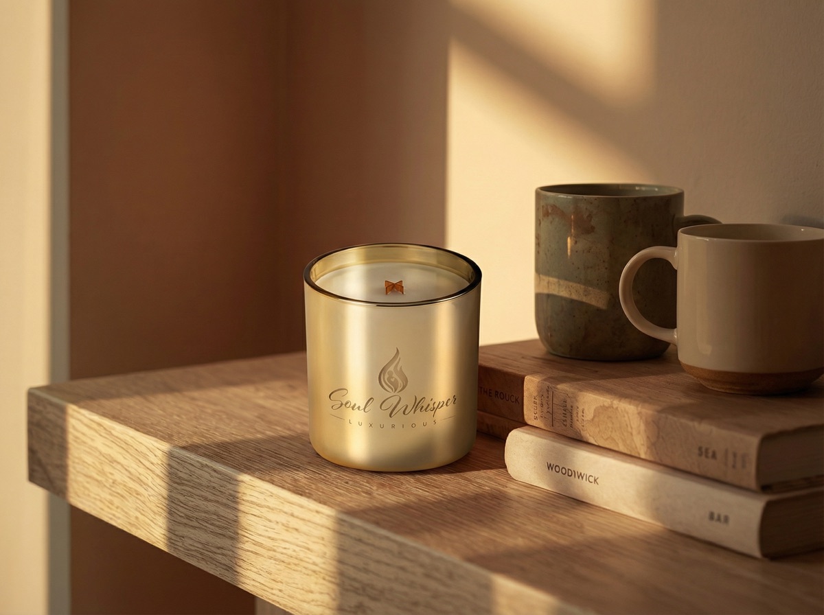 Soul Whisper candle on a wooden shelf with books and a ceramic mug in golden sunlight